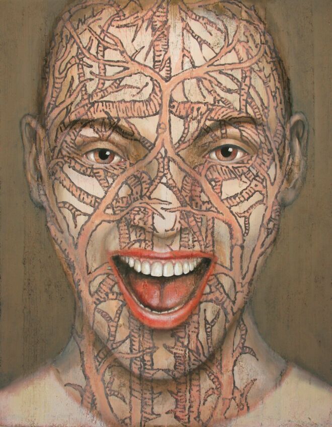 Kopf 2, total vernetzt, 2015, Mixed Media auf Leinwand, 140 x 110 cm